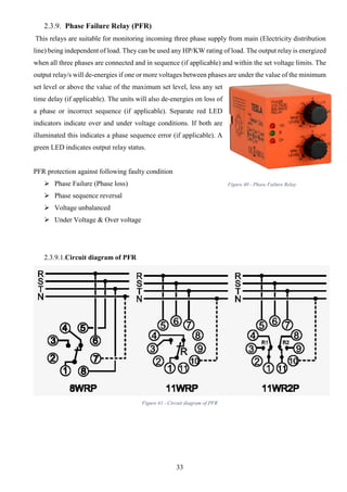 33
2.3.9. Phase Failure Relay (PFR)
This relays are suitable for monitoring incoming three phase supply from main (Electricity distribution
line) being independent of load. They can be used any HP/KW rating of load. The output relay is energized
when all three phases are connected and in sequence (if applicable) and within the set voltage limits. The
output relay/s will de-energies if one or more voltages between phases are under the value of the minimum
set level or above the value of the maximum set level, less any set
time delay (if applicable). The units will also de-energies on loss of
a phase or incorrect sequence (if applicable). Separate red LED
indicators indicate over and under voltage conditions. If both are
illuminated this indicates a phase sequence error (if applicable). A
green LED indicates output relay status.
PFR protection against following faulty condition
 Phase Failure (Phase loss)
 Phase sequence reversal
 Voltage unbalanced
 Under Voltage & Over voltage
2.3.9.1.Circuit diagram of PFR
Figure 41 - Circuit diagram of PFR
Figure 40 - Phase Failure Relay
 