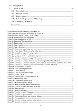 v
2.4. Wiring Section ...........................................................................................................................42
2.5. Testing Section...........................................................................................................................46
2.5.1. Continuity testing................................................................................................................46
2.5.2. Insulation Testing ...............................................................................................................47
2.5.3. Polarity testing....................................................................................................................48
2.5.4. Earth fault loop impedance (ELI) testing ...........................................................................48
3. CONCLUSION TO THE REPOT....................................................................................................49
4. REFERENCE ...................................................................................................................................50
Figure 1 - Official logo of Electro Serv (PVT) LTD..................................................................................1
Figure 2 - Products, solutions and Services of Electro Serv.......................................................................2
Figure 3 - Snider electric's Agency in Sri Lanka........................................................................................2
Figure 4 – Organization chart of Company................................................................................................3
Figure 5 - Chat of Calculation of EPF........................................................................................................6
Figure 6 - Example of Safety practices.......................................................................................................7
Figure 7 - Earth symbol ..............................................................................................................................7
Figure 8 - Safety practices ..........................................................................................................................7
Figure 9 - Safety clothing ...........................................................................................................................8
Figure 10 - Chart of the panel board type.................................................................................................10
Figure 11 - Flow chart of the how to select cable size .............................................................................11
Figure 12 - Example of enginner's design section....................................................................................12
Figure 13 - Factors of selection cable size................................................................................................12
Figure 14 - Standard procedure of selection cable size ............................................................................13
Figure 15 - Drawing of Simple control & power circuit ..........................................................................15
Figure 16 - Drawing of Advance control circuit for power panel board in industrial..............................16
Figure 17 - Drawing of Automatic star delta control & power circuit for large scale three phase motor 17
Figure 18 - Drawing of Automatic power factor correction circuit in industrial .....................................18
Figure 19 - Wall mounting Enclosure ......................................................................................................19
Figure 20 - Floor Mounting Enclosure.....................................................................................................20
Figure 21 - Circuit Breaker.......................................................................................................................21
Figure 22 - Chart of circuit breaker type ..................................................................................................21
Figure 23 - EFR & CBCT.........................................................................................................................22
Figure 24 - Function and Characteristics of ELR.....................................................................................23
Figure 25 - Shunt release (MX)................................................................................................................24
Figure 26 - Undervoltage release (MN)....................................................................................................24
Figure 27 - Voltage of surges & spikes ....................................................................................................25
Figure 28 - Surge protection device / Surge Diverter...............................................................................25
Figure 29 - Drawing of three phase surge protection ...............................................................................26
Figure 30 - Surge arrester .........................................................................................................................26
Figure 31 - Type of Voltmeter..................................................................................................................27
Figure 32 - Drawing of Panel Voltmeter ..................................................................................................27
Figure 33 - Drawing of Panel Ammeter ...................................................................................................28
Figure 34 - Current transformer and Ammeter selector ...........................................................................28
Figure 35 - Power analyzer.......................................................................................................................29
Figure 36 - Drawing of power analyzer in the system..............................................................................30
Figure 37 - Contacts of contactor .............................................................................................................31
 