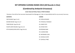 NIT OPENING CLOSING RANKS 2013 (All Rounds in One)  
(Combined by Ambarish Srivastava) 
Center Head and Fellow, Physics, FIITJEE Faridabad 
Disclaimer: Since All the Files have been downloaded from Myengg.com I take no responsibility/credit for any accuracy/ inaccuracy 
CONTENTS:  
FIRST ROUND: Page 2 to 14 
SECOND ROUND: Page 15 to 27 
THIRD ROUND: Page 28 to 40 
FOURTH (SPOT) ROUND: Page 41 to 53 
FIFTH ROUND (EXTRA SPOT): Page 54 to 62 
 
 
 
 
 
 
LEGEND:  
OP: OPEN CATEGORY 
PD: PHYSICALLY DISABLED 
HS: HOME STATE 
OS: OTHER STATE 
OR:OPENING RANK 
CR: CLOSING RANK 
BC: BACKWARD CLASS 
SC: SCHEDULE CASTE 
ST: SCHEDULE TRIBE
 