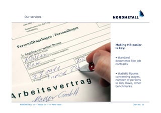 Our services




                                           Making HR easier
                                           is key:


                                           • standard
                                           documents like job
                                           contracts


                                           • statistic figures
                                           concerning wages,
                                           number of persons
                                           in sick leave, other
                                           benchmarks




NORDMETALL +++ "About us" +++ Peter Haas                Chart No. 10
 