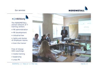 Our services




The NORDMETALL-
owned network of 7
training centers
• HR administration
• HR development
• industrial law
• rights and duties
of employee repres.
• train the trainer


Free of charge
CEO coachings:
• media training
• leadership
• crisis PR

NORDMETALL +++ "About us" +++ Peter Haas   Chart No. 15
 