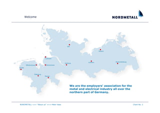 Welcome




                                           We are the employers‘ association for the
                                           metal and electrical industry all over the
                                           northern part of Germany.



NORDMETALL +++ "About us" +++ Peter Haas                                                Chart No. 2
 