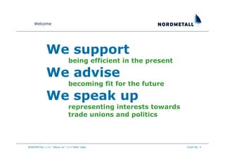 Welcome




            We support
                           being efficient in the present

            We advise
                           becoming fit for the future

            We speak up
                           representing interests towards
                           trade unions and politics



NORDMETALL +++ "About us" +++ Peter Haas                    Chart No. 4
 