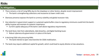 Twitter - @niteen_india
Risks
39
& Mitigation…
▪ There remains a risk of rising NPAs due to the slowdown or other factors, despite recent improvement
▪ The bank is strengthening collections and recoveries to lower credit costs.
▪ Overseas presence exposes the bank to currency volatility and global recession risks.
▪ Any reduction in government support or sustained capital buffers close to regulatory minimums could limit the bank’s
ability to grow and maintain its systemic importance.
▪ Current capital adequacy of the bank is well above regulatory requirements.
▪ The bank faces risks from cyberattacks, data breaches, and digital banking issues
▪ Robust cybersecurity governance is in place at the bank.
▪ A declining CASA ratio pressuring NIMs.
▪ The bank intends to open new branches for CASA mobilisation.
▪ The bank may require additional capital for growth, which could lead to equity dilution at low valuations.
 