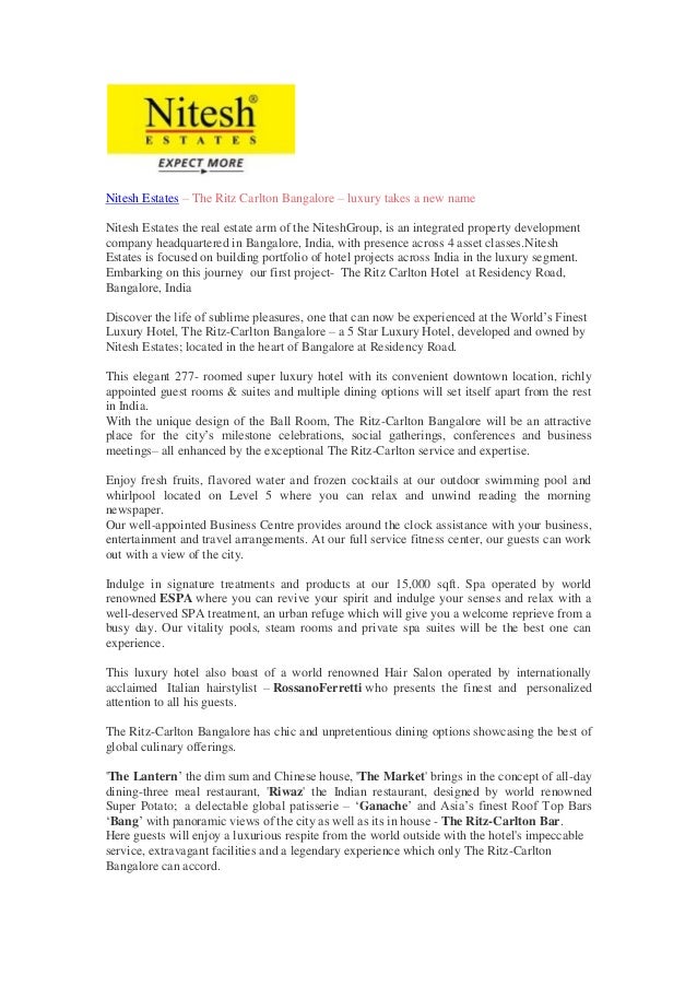 Nitesh Estates The Ritz Carlton Bangalore Luxury Takes A - 