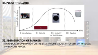 (3). PLC OF THE LLOYD: -
(4). SEGMENTATION OF MARKET: -
LLOYD DOES SEGMENTATION ON THE BASIS INCOME GROUP. IT FOCUSES ON MIDDLE &
UPPER CLASS PEPOLE.
 