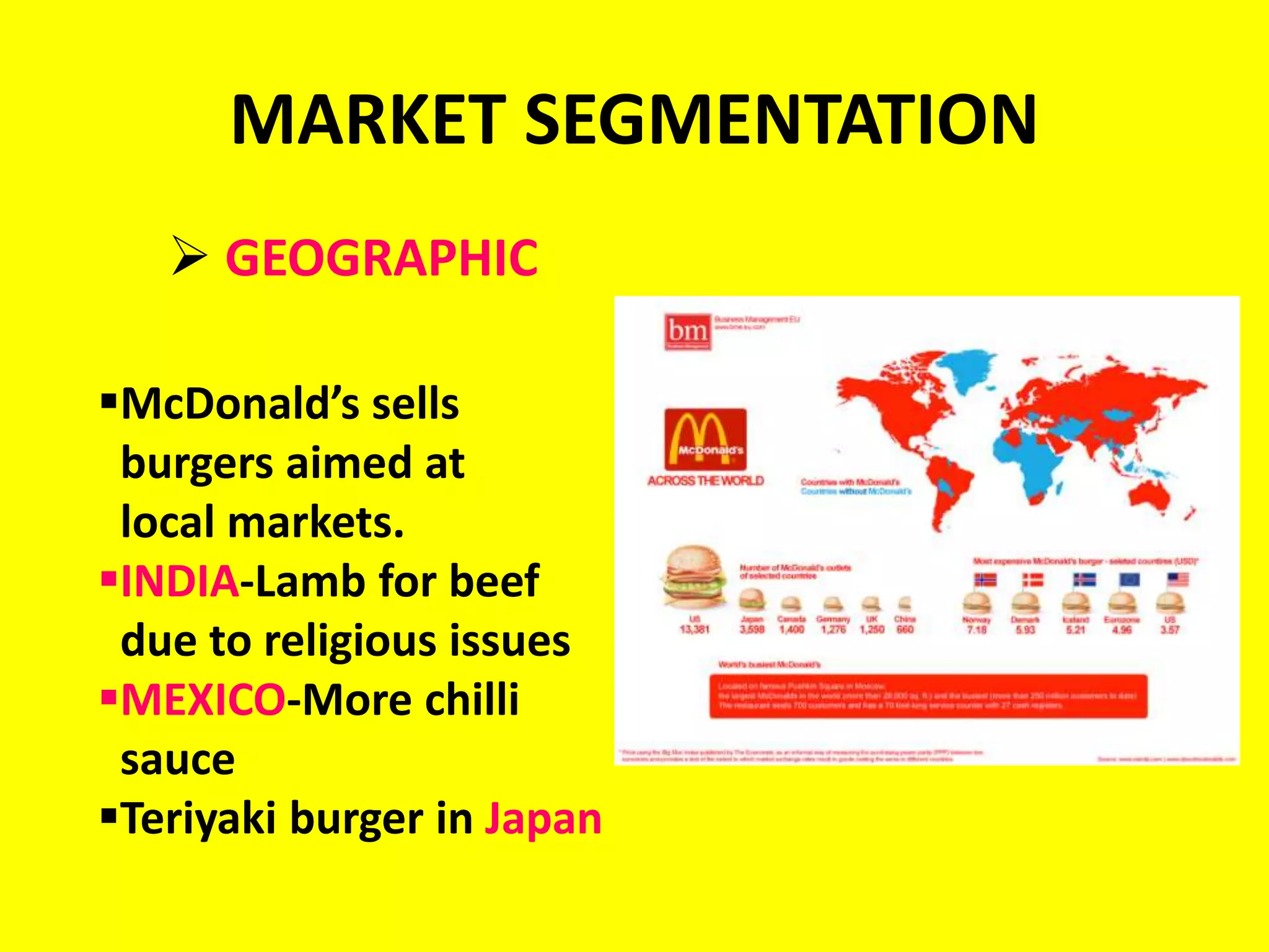 MARKET SEGMENTATION
 GEOGRAPHIC
McDonald’s sells
burgers aimed at
local markets.
INDIA-Lamb for beef
due to religious issues
MEXICO-More chilli
sauce
Teriyaki burger in Japan
 
