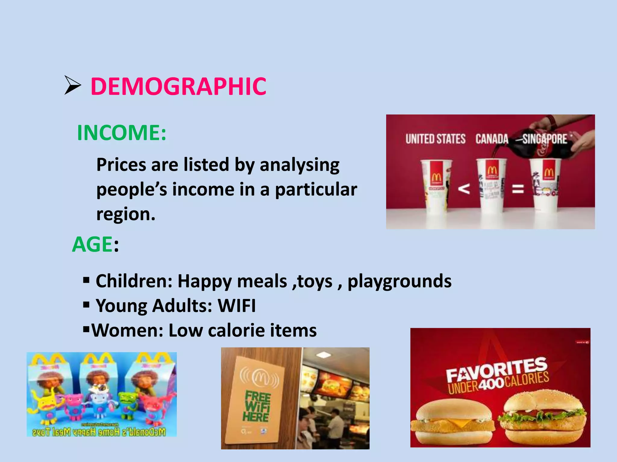  DEMOGRAPHIC
 Children: Happy meals ,toys , playgrounds
 Young Adults: WIFI
Women: Low calorie items
AGE:
INCOME:
Prices are listed by analysing
people’s income in a particular
region.
 