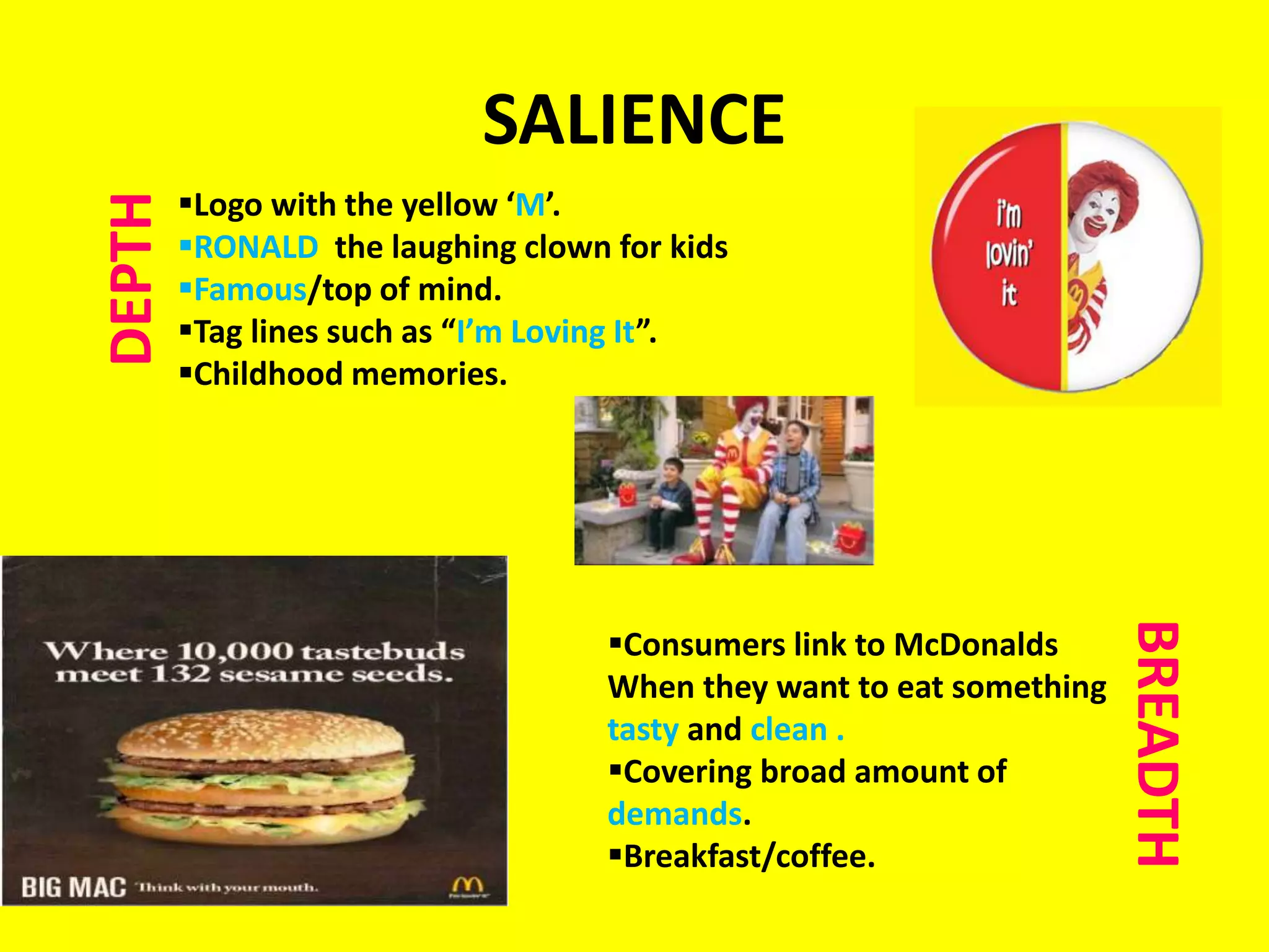 SALIENCEDEPTH
Logo with the yellow ‘M’.
RONALD the laughing clown for kids
Famous/top of mind.
Tag lines such as “I’m Loving It”.
Childhood memories.
BREADTH
Consumers link to McDonalds
When they want to eat something
tasty and clean .
Covering broad amount of
demands.
Breakfast/coffee.
 
