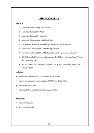 BIBLIOGRAPHY
BOOKS
1. Consumer Behaviour by k.k Srivastava
2. Marketing Research by Aaker
3. Marketing Research by Sangeeta
4. Marketing Management: by Philip Kotler
5. C.R Kothari “Research Methodology” Methods And Techniques.
6. Hair/ Bush/ Ortinau (2006). “Marketing Research”
7. Naresh K. Malhotra (2006), “Marketing Research- An Applied Oriented”
8. ICFAI Journal of Marketing Management, The ICFAI University Press, Vol.V,
No.1, February 2007
9. ICFAI Journal of Marketing Research, the ICFAI University Press, No. 2,
February 2008.
websites
 http://www.news.bbc.co.uk/1/hi/sci/tech/1723738.stm
 http://www.amanet.org/books/catalog/081440636x_history.htm
 http://www.nokia.com
 http://reinholm.com/strategic%20management.htm
Magazines
 Network Magazine
 SDA Asia Magazine
82
 
