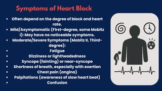 Symptoms of Heart Block
Often depend on the degree of block and heart
rate.
Mild/Asymptomatic (First-degree, some Mobitz
I): May have no noticeable symptoms.
Moderate/Severe Symptoms (Mobitz II, Third-
degree):
Fatigue
Dizziness or lightheadedness
Syncope (fainting) or near-syncope
Shortness of breath, especially with exertion
Chest pain (angina)
Palpitations (awareness of slow heart beat)
Confusion
 