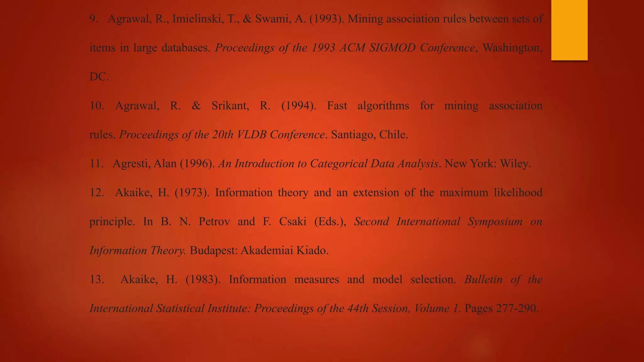 9. Agrawal, R., Imielinski, T., & Swami, A. (1993). Mining association rules between sets of
items in large databases. Proceedings of the 1993 ACM SIGMOD Conference, Washington,
DC.
10. Agrawal, R. & Srikant, R. (1994). Fast algorithms for mining association
rules. Proceedings of the 20th VLDB Conference. Santiago, Chile.
11. Agresti, Alan (1996). An Introduction to Categorical Data Analysis. New York: Wiley.
12. Akaike, H. (1973). Information theory and an extension of the maximum likelihood
principle. In B. N. Petrov and F. Csaki (Eds.), Second International Symposium on
Information Theory. Budapest: Akademiai Kiado.
13. Akaike, H. (1983). Information measures and model selection. Bulletin of the
International Statistical Institute: Proceedings of the 44th Session, Volume 1. Pages 277-290.
 