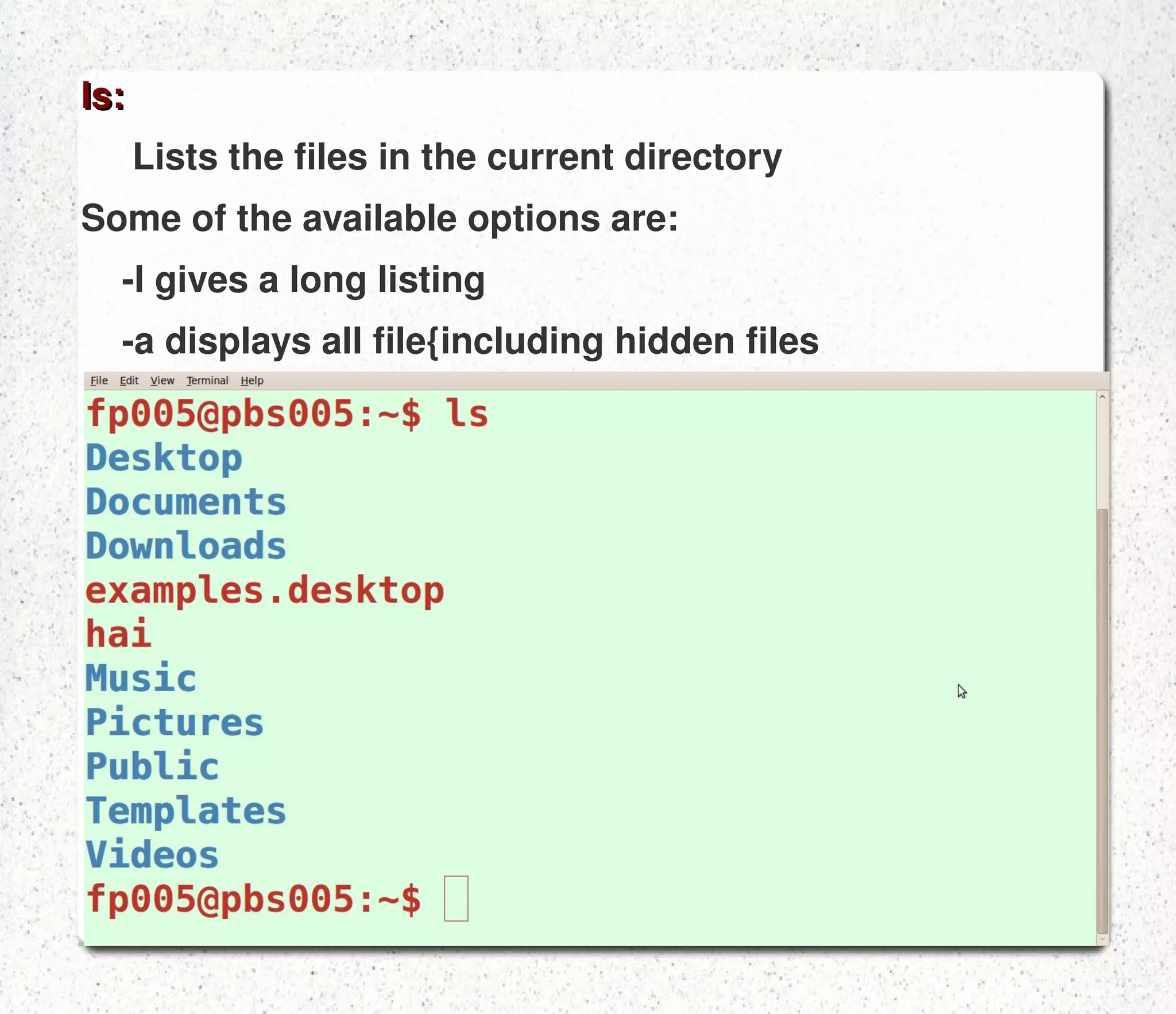 find:   The find command searches through directories for files that match the specified criteria. It can take full pathnames and relative pathnames on the command line. To display the output on screen the –print option must be specified 
