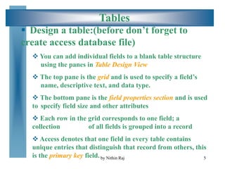 5
Tables
 Design a table:(before don’t forget to
create access database file)
 You can add individual fields to a blank table structure
using the panes in Table Design View
 The top pane is the grid and is used to specify a field’s
name, descriptive text, and data type.
 The bottom pane is the field properties section and is used
to specify field size and other attributes
 Each row in the grid corresponds to one field; a
collection of all fields is grouped into a record
 Access denotes that one field in every table contains
unique entries that distinguish that record from others, this
is the primary key field. by Nithin Raj
 