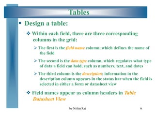 6
Tables
 Design a table:
 Within each field, there are three corresponding
columns in the grid:
 The first is the field name column, which defines the name of
the field
 The second is the data type column, which regulates what type
of data a field can hold, such as numbers, text, and dates
 The third column is the description; information in the
description column appears in the status bar when the field is
selected in either a form or datasheet view
 Field names appear as column headers in Table
Datasheet View
by Nithin Raj
 