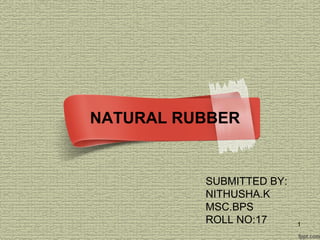 NATURAL RUBBER
SUBMITTED BY:
NITHUSHA.K
MSC.BPS
ROLL NO:17 1
 