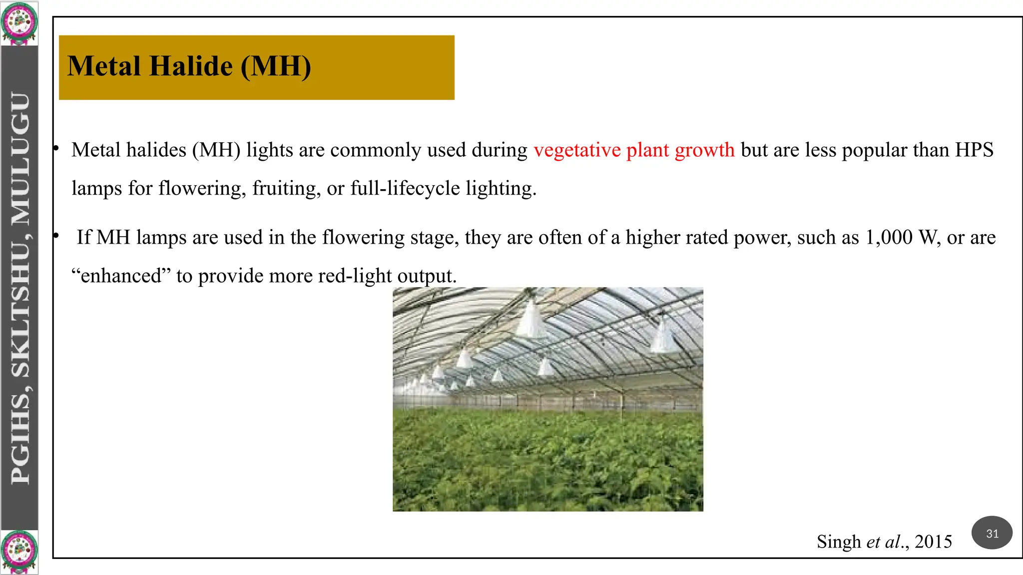 Metal Halide (MH)
• Metal halides (MH) lights are commonly used during vegetative plant growth but are less popular than HPS
lamps for flowering, fruiting, or full-lifecycle lighting.
• If MH lamps are used in the flowering stage, they are often of a higher rated power, such as 1,000 W, or are
“enhanced” to provide more red-light output.
31
Singh et al., 2015
 