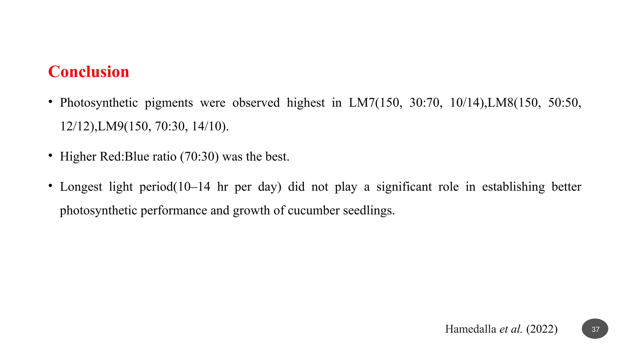 Conclusion
• Photosynthetic pigments were observed highest in LM7(150, 30:70, 10/14),LM8(150, 50:50,
12/12),LM9(150, 70:30, 14/10).
• Higher Red:Blue ratio (70:30) was the best.
• Longest light period(10–14 hr per day) did not play a significant role in establishing better
photosynthetic performance and growth of cucumber seedlings.
37
Hamedalla et al. (2022)
 