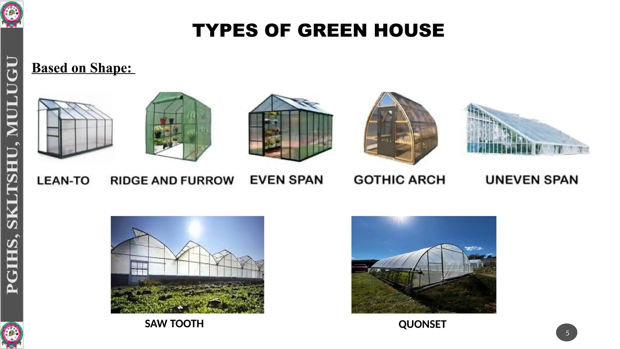 TYPES OF GREEN HOUSE
SAW TOOTH QUONSET
Based on Shape:
5
 