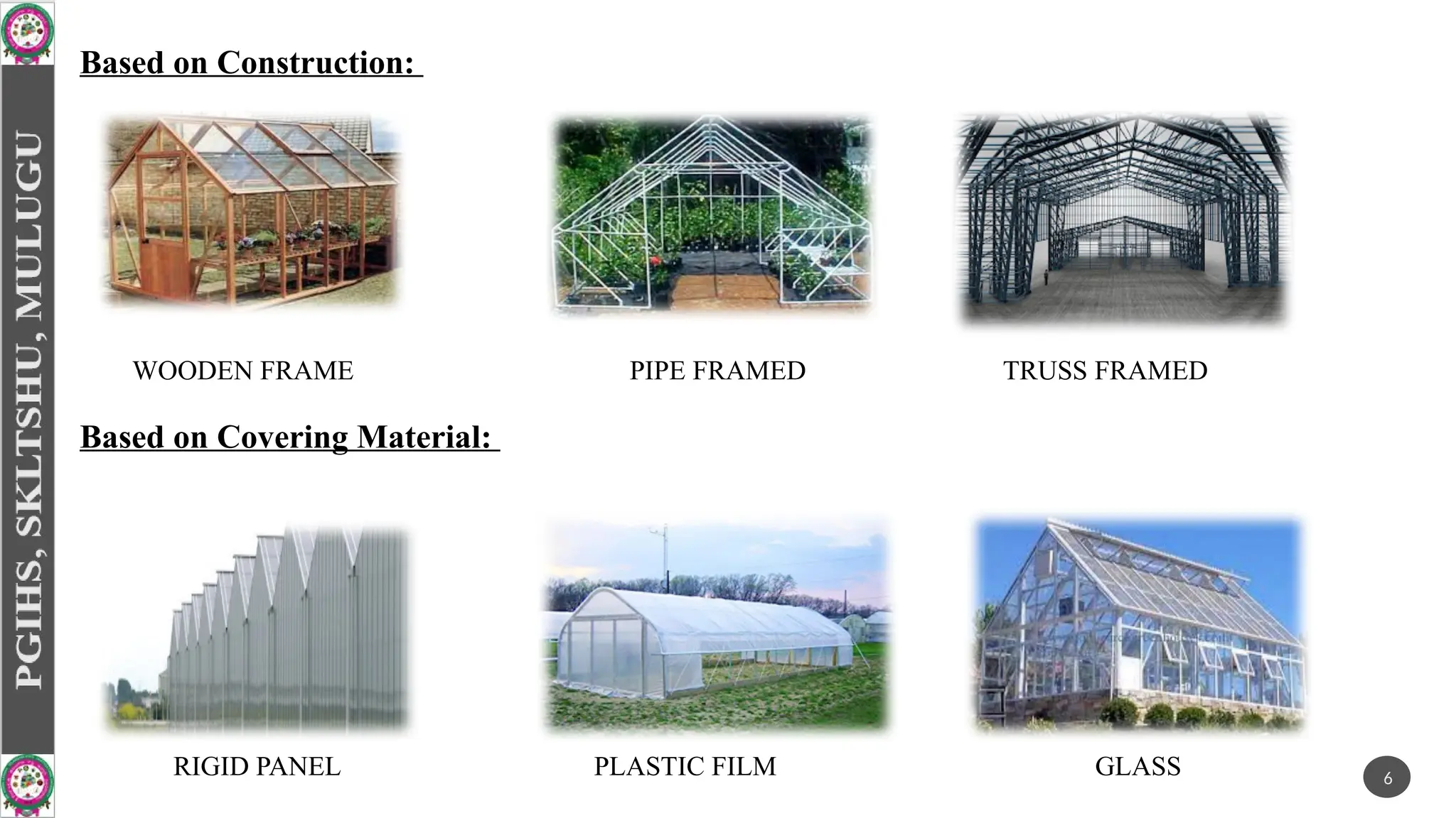 RIGID PANEL PLASTIC FILM GLASS
Based on Covering Material:
Based on Construction:
WOODEN FRAME PIPE FRAMED TRUSS FRAMED
6
 