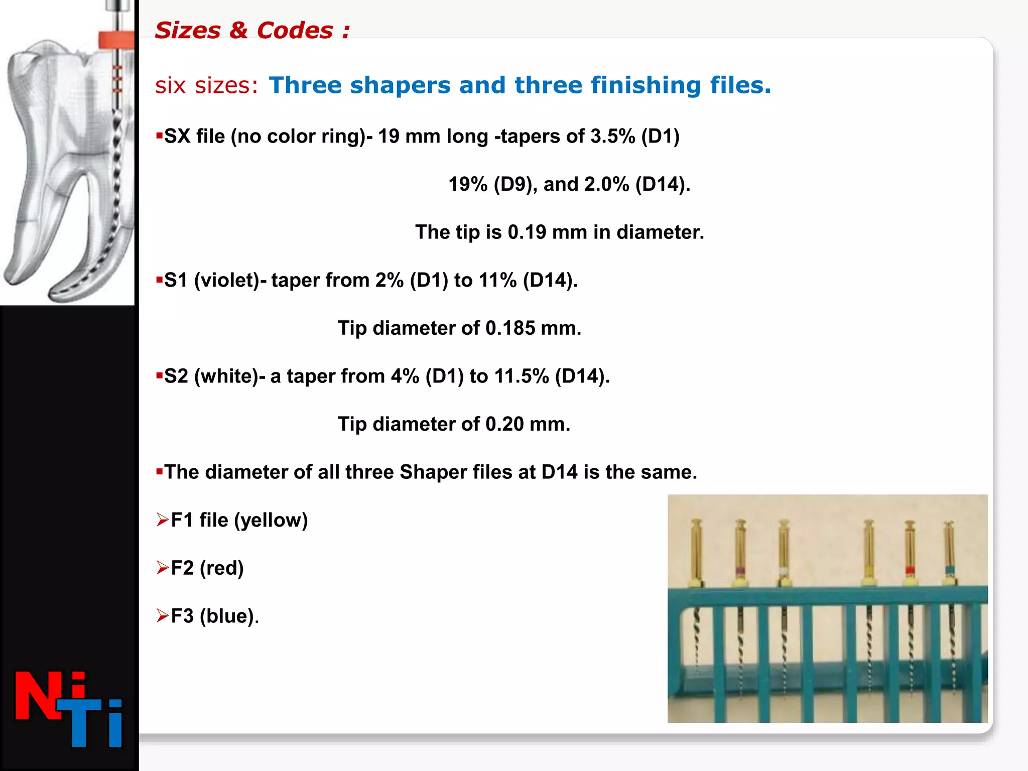 Sizes & Codes :
six sizes: Three shapers and three finishing files.
SX file (no color ring)- 19 mm long -tapers of 3.5% (D1)
19% (D9), and 2.0% (D14).
The tip is 0.19 mm in diameter.
S1 (violet)- taper from 2% (D1) to 11% (D14).
Tip diameter of 0.185 mm.
S2 (white)- a taper from 4% (D1) to 11.5% (D14).
Tip diameter of 0.20 mm.
The diameter of all three Shaper files at D14 is the same.
F1 file (yellow)
F2 (red)
F3 (blue).
 