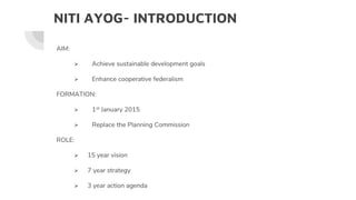 NITI AYOG- INTRODUCTION
AIM:
 Achieve sustainable development goals
 Enhance cooperative federalism
FORMATION:
 1st January 2015
 Replace the Planning Commission
ROLE:
 15 year vision
 7 year strategy
 3 year action agenda
 