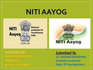 NITI AAYOG
Submitted By:
SHIVAM KUMAR SONI
MBA(Hons)
Roll No. 2284190034
Submitted To:
Dr. SHIVAM BHARDWAJ
Assistant profeesor
Dept. Of management
 