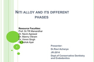 NITI ALLOY AND ITS DIFFERENT
PHASES
Presenter:
Dr.Ravi Acharya
JR-2014
Dept.of Conservative Dentistry
and Endodontics
1
Resource Faculties:
Prof. Dr.TR Manandhar
Dr. Navin Agrawal
Dr. Mannu Vikram
Dr. Vimmi Singh
Dr. Ashok Ayer
 