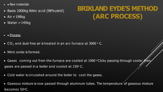 BRIKLAND EYDE’S METHOD
(ARC PROCESS)
 ▶Raw materials
 Basis: 1000kg Nitric acid (98%yield)
 Air = 198kg
 Water = 145kg
 ▶Process:
 CO2 and dust free air is heated in an arc furnace at 3000 o C.
 Nitric oxide is formed.
 Gases coming out from the furnace are cooled at 1000 o Cbby passing through cooler then
gases are passed in a boiler and cooled at 150o C.
 Cold water is circulated around the boiler to cool the gases.
 Gaseous mixture is now passed through aluminum tubes. The temperature of gaseous mixture
becomes 50oC.
 