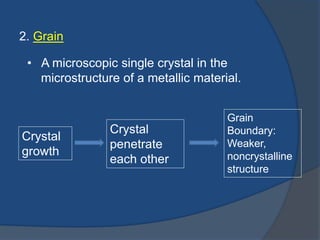 2. Grain 
• A microscopic single crystal in the 
microstructure of a metallic material. 
Crystal 
growth 
Crystal 
penetrate 
each other 
Grain 
Boundary: 
Weaker, 
noncrystalline 
structure 
 