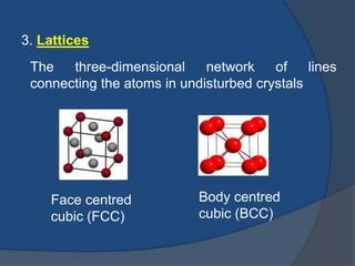 3. Lattices 
The three-dimensional network of lines 
connecting the atoms in undisturbed crystals 
Body centred 
cubic (BCC) 
Face centred 
cubic (FCC) 
 
