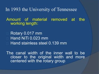 In 1993 the University of Tennessee 
Amount of material removed at the 
working length: 
Rotary 0.017 mm 
Hand NiTi 0.023 mm 
Hand stainless steel 0.139 mm 
The canal width of the inner wall to be 
closer to the original width and more 
centered with the rotary group 
 