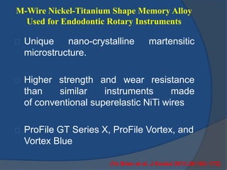 M-Wire Nickel-Titanium Shape Memory Alloy 
Used for Endodontic Rotary Instruments 
Unique nano-crystalline martensitic 
microstructure. 
Higher strength and wear resistance 
than similar instruments made 
of conventional superelastic NiTi wires 
ProFile GT Series X, ProFile Vortex, and 
Vortex Blue 
(Ya Shen et al. J Endod 2013;39:163–172) 
 