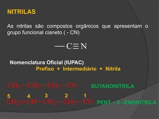C N
Nomenclatura Oficial (IUPAC)
Prefixo + Intermediário + Nitrila
CH3 CH2 CH2 CN BUTANONITRILA
NITRILAS
As nitrilas são compostos orgânicos que apresentam o
grupo funcional cianeto ( - CN)
CH2 CH CH2 CH2 CN
12345
PENT – 4 –ENONITRILA
 