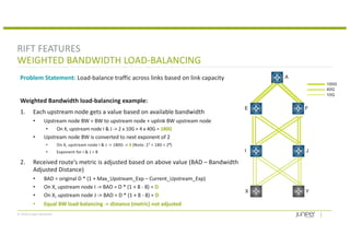 © 2018 Juniper Networks
RIFT FEATURES
WEIGHTED BANDWIDTH LOAD-BALANCING
Problem Statement: Load-balance traffic across links based on link capacity
Weighted Bandwidth load-balancing example:
1. Each upstream node gets a value based on available bandwidth
• Upstream node BW = BW to upstream node + uplink BW upstream node
• On X, upstream node I & J -> 2 x 10G + 4 x 40G = 180G
• Upstream node BW is converted to next exponent of 2
• On X, upstream node I & J -> 180G -> 8 (Note: 27 < 180 < 28)
• Exponent for I & J = 8
2. Received route’s metric is adjusted based on above value (BAD – Bandwidth
Adjusted Distance)
• BAD = original D * (1 + Max_Upstream_Exp – Current_Upstream_Exp)
• On X, upstream node I -> BAD = D * (1 + 8 - 8) = D
• On X, upstream node J -> BAD = D * (1 + 8 - 8) = D
• Equal BW load-balancing -> distance (metric) not adjusted
J
Y
F
A
E
I
X
10G
40G
100G
 