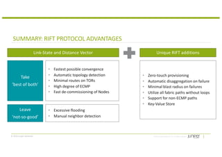 © 2018 Juniper Networks
SUMMARY: RIFT PROTOCOL ADVANTAGES
• Fastest possible convergence
• Automatic topology detection
• Minimal routes on TORs
• High degree of ECMP
• Fast de-commissioning of Nodes
• Excessive flooding
• Manual neighbor detection
• Zero-touch provisioning
• Automatic disaggregation on failure
• Minimal blast radius on failures
• Utilize all fabric paths without loops
• Support for non-ECMP paths
• Key-Value Store
Link-State and Distance Vector
Take
‘best of both’
Leave
‘not-so-good’
Unique RIFT additions
 
