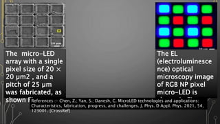 The micro-LED
array with a single
pixel size of 20 ×
20 µm2 , and a
pitch of 25 µm
was fabricated, as
shown Figure.
The EL
(electroluminesce
nce) optical
microscopy image
of RGB NP pixel
micro-LED is
shown in Figure
References :- Chen, Z.; Yan, S.; Danesh, C. MicroLED technologies and applications:
Characteristics, fabrication, progress, and challenges. J. Phys. D Appl. Phys. 2021, 54,
123001. [CrossRef]
 