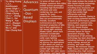 4. Yu-Ming Huang
1,2,† ,
Konthoujam
James Singh 1 ,
An-Chen Liu 1 ,
Chien-Chung
Lin 2,* , Zhong
Chen 3 , Kai
Wang 4 , Yue
Lin 3 , Zhaojun
Liu 4 , Tingzhu
Wu 3,* and
Hao-Chung Kuo
Advances
in
Quantum
-Dot-
Based
Displays
In terms of their use in
displays, quantum dots (QDs)
exhibit several advantages,
including high illumination
efficiency and color
rendering, low-cost, and
capacity for mass
production. Furthermore,
they are environmentally
friendly. Excellent
luminescence and charge
transport properties of QDs
led to their application in
QD-based light-emitting
diodes (LEDs), which have
attracted considerable
attention in display and
solid-state lighting
applications. In this review,
we discuss the applications
of QDs which are used on
color conversion filter that
exhibit high efficiency in
white LEDs, full-color micro-
LED devices, and liquid-type
This study reviews the trends in
QDs-based display technology,
mainly focusing on µLEDs,
including array structures and
other perovskite QDs-based
LEDs that exhibit high
efficiencies and high
polarization features. Owing to
their exciting potential benefits
in terms of performance, power
consumption, contrast ratio,
lifetime, and response time,
QD-LED-based display
technology is considered the
ultimate option for future
generation displays. The
development of QD printing
technology has been described,
including methods of pulsed
spray coating, aerosol jet
printing, and super inkjet
printing. We moreover discuss
PQDs-based white light LEDs
exhibiting ultra-high luminous
intensity and long operation
 