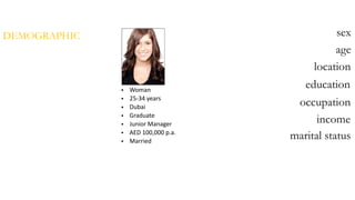 DEMOGRAPHIC sex
age
location
education
occupation
income
marital status
• Woman  
• 25-­‐34  years  
• Dubai  
• Graduate  
• Junior  Manager  
• AED  100,000  p.a.  
• Married
 