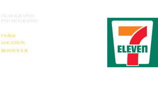 DEMOGRAPHIC
PSYCHOGRAPHIC
USAGE
LOCATION
BEHAVIOUR
 