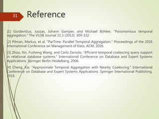 Reference
[1] Gordevičius, Juozas, Johann Gamper, and Michael Böhlen. "Parsimonious temporal
aggregation." The VLDB Journal 21.3 (2012): 309-332.
[2] Pilman, Markus, et al. "ParTime: Parallel Temporal Aggregation." Proceedings of the 2016
International Conference on Management of Data. ACM, 2016.
[3] Zhou, Xin, Fusheng Wang, and Carlo Zaniolo. "Efficient temporal coalescing query support
in relational database systems." International Conference on Database and Expert Systems
Applications. Springer Berlin Heidelberg, 2006.
[4] Cheng, Kai. "Approximate Temporal Aggregation with Nearby Coalescing." International
Conference on Database and Expert Systems Applications. Springer International Publishing,
2016.
31
 