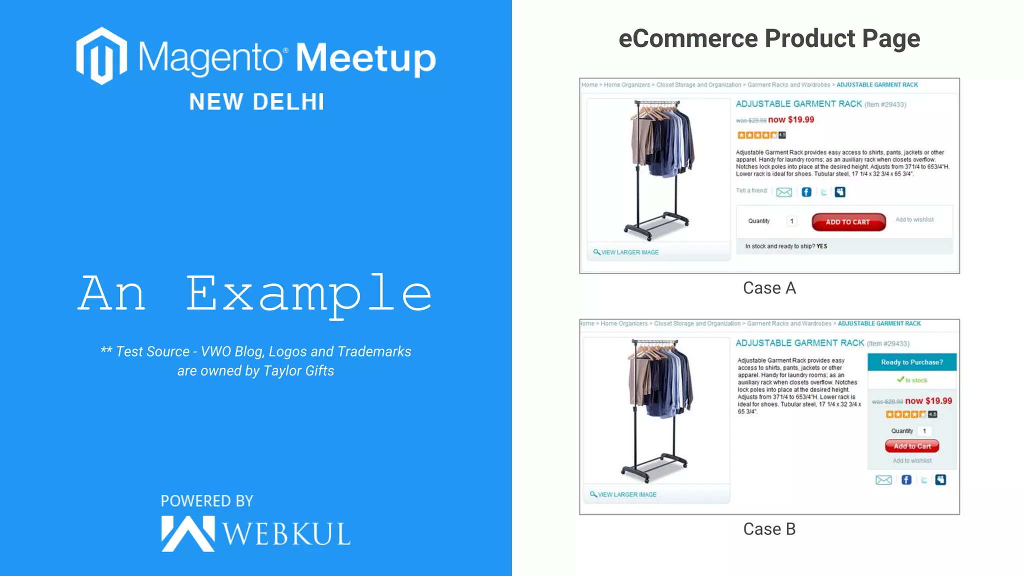 An Example
eCommerce Product Page
Case A
Case B
** Test Source - VWO Blog, Logos and Trademarks
are owned by Taylor Gifts