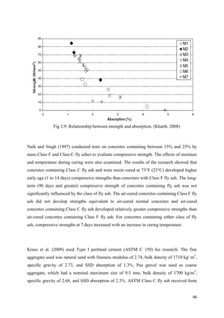 46
Fig 2.9: Relationship between strength and absorption. (Khatib, 2008)
Naik and Singh (1997) conducted tests on concretes containing between 15% and 25% by
mass Class F and Class C fly ashes to evaluate compressive strength. The effects of moisture
and temperature during curing were also examined. The results of the research showed that
concretes containing Class C fly ash and were moist cured at 73°F (23°C) developed higher
early age (1 to 14 days) compressive strengths than concretes with Class F fly ash. The long-
term (90 days and greater) compressive strength of concretes containing fly ash was not
significantly influenced by the class of fly ash. The air-cured concretes containing Class F fly
ash did not develop strengths equivalent to air-cured normal concretes and air-cured
concretes containing Class C fly ash developed relatively greater compressive strengths than
air-cured concretes containing Class F fly ash. For concretes containing either class of fly
ash, compressive strengths at 7 days increased with an increase in curing temperature.
Kraus et al. (2009) used Type I portland cement (ASTM C 150) his research. The fine
aggregate used was natural sand with fineness modulus of 2.74, bulk density of 1710 kg/ m3
,
specific gravity of 2.73, and SSD absorption of 1.3%. Pea gravel was used as coarse
aggregate, which had a nominal maximum size of 9.5 mm, bulk density of 1700 kg/m3
,
specific gravity of 2.68, and SSD absorption of 2.3%. ASTM Class C fly ash received from
 
