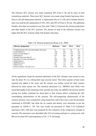48
The reference SCC mixture was made containing 40% Class C fly ash by mass of total
cementitious materials. Three more SCC mixtures were made using foundry bag house silica-
dust as a fly ash replacement material. A replacement ratio of 1:2 (fly ash to foundry dust) by
mass was used for the replacement of 10%, 20%, and 30% of Class C fly ash. The additional
foundry silica-dust was treated as very fine sand. Table 2.18 presents the mixture proportions
and other details of the SCC mixtures. The amount of sand in the reference mixture was
higher than the SCC mixtures made with foundry silica-dust.
Table 2.18: Mixture proportions (Kraus et al., 2009)
Mixture designation Refrence Fd-1 Fd-2 Fd-3
% Replacement of fly ash with foundry silica dust 0 10 20 30
Cement (Kg/m3
) 265 262 261 252
Class C fly ash (Kg/m3
) 178 157 138 115
Sand (Kg/m3
) 923 801 796 734
Foundry silica dust (Kg/m3
) 0 37 73 106
Pea gravel, 9.5-mm max (Kg/m3
) 845 829 824 797
Water (Kg/m3
) 142 138 138 132
HRWRA (L/m3
) 4.8 4.1 5.6 9.9
VMA (L/m3
) 3.0 2.6 2.5 2.0
Water /(cement + fly ash) w/cm 0.33 0.34 0.36 0.38
All the ingredients except the chemical admixtures of the SCC mixtures were mixed in a dry
state for about 30 s in a tilting drum type concrete mixer. Then three quarters of total water
required was added in the mixer and the mixture was further mixed for three minutes
followed by three minute rest. The chemical admixtures (i.e., HRWRA and VMA) were
mixed thoroughly in the remaining water and then the water was added to the mixture and the
mixing was further continued for about three to four minutes before evaluating the self-
consolidating characteristics of the concrete. The self-compacting characteristics of the
concrete mixtures were evaluated by using slump-flow and U-box tests as per the procedure
mentioned in EFNARC and while the air content and density were determine as per the
procedure of ASTM C 138. The tests results are presented in Table 2.18 Cylindrical
specimens (100 x 200 mm) were prepared for the evaluation of the compressive strength of
concrete. The specimens were demolded after 24 h of casting and kept in a curing room with
RH not less than 95% and temperature of 20 ± 2 ºC till testing.
 