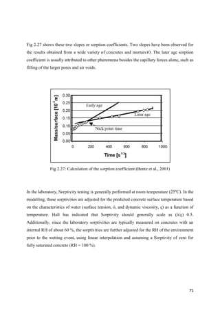 71
Fig 2.27 shows these two slopes or sorption coefficients. Two slopes have been observed for
the results obtained from a wide variety of concretes and mortars10. The later age sorption
coefficient is usually attributed to other phenomena besides the capillary forces alone, such as
filling of the larger pores and air voids.
Fig 2.27: Calculation of the sorption coefficient (Bentz et al., 2001)
In the laboratory, Sorptivity testing is generally performed at room temperature (25ºC). In the
modelling, these sorptivities are adjusted for the predicted concrete surface temperature based
on the characteristics of water (surface tension, ó, and dynamic viscosity, ç) as a function of
temperature. Hall has indicated that Sorptivity should generally scale as (ó/ç) 0.5.
Additionally, since the laboratory sorptivities are typically measured on concretes with an
internal RH of about 60 %, the sorptivities are further adjusted for the RH of the environment
prior to the wetting event, using linear interpolation and assuming a Sorptivity of zero for
fully saturated concrete (RH = 100 %).
 