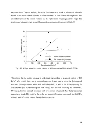 79
exposure times. This was probably due to the fact that the acid attack as is known is primarily
related to the actual cement contents in these concretes. In view of this the weight loss was
studied in terms of the cement contents and the replacement percentages at this stage. The
relationship between weight loss at 90 days and cement content is shown in Fig 2.30.
Fig 2.30: Weight loss with cement content in acid attack test (Dinakar et al., 2008)
This shows that the weight loss due to acid attack increased up to a cement content of 400
kg/m3
, after which there was a marginal decrease. It can also be seen that both normal
concretes (the experimental points with unfilled symbols) as well as the Self-compacting fly
ash concretes (the experimental point with filling) have all been following the same trend.
Obviously, the low strength concretes with low amount of cement show better resistance
against acid attack. This could be due to the low amount of reaction compounds like Ca(OH)2
at lower level of cement content for deterioration process.
 