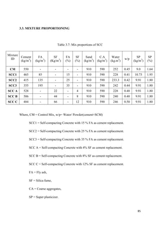 85
3.3. MIXTURE PROPORTIONING
Table 3.7: Mix proportions of SCC
Mixture
ID
Cement
(kg/m3
)
FA
(kg/m3
)
SF
(Kg/m3
)
FA
(%)
SF
(%)
Sand
(kg/m3
)
C.A
(kg/m3
)
Water
(kg.m3
)
w/p
SP
(kg/m3
)
SP
(%)
CM 550 - - - - 910 590 252 0.45 9.0 1.64
SCC1 465 85 - 15 - 910 590 228 0.41 10.73 1.95
SCC2 415 135 - 25 - 910 590 233.3 0.42 9.91 1.80
SCC3 355 195 - 35 - 910 590 242 0.44 9.91 1.80
SCC A 528 - 22 - 4 910 590 228 0.48 9.91 1.80
SCC B 506 - 44 - 8 910 590 240 0.48 9.91 1.80
SCC C 484 - 66 - 12 910 590 246 0.50 9.91 1.80
Where, CM = Control Mix, w/p= Water/ Powder(cement+SCM)
SCC1 = Self-compacting Concrete with 15 % FA as cement replacement.
SCC2 = Self-compacting Concrete with 25 % FA as cement replacement.
SCC3 = Self-compacting Concrete with 35 % FA as cement replacement.
SCC A = Self-compacting Concrete with 4% SF as cement replacement.
SCC B = Self-compacting Concrete with 8% SF as cement replacement.
SCC C = Self-compacting Concrete with 12% SF as cement replacement.
FA = Fly ash,
SF = Silica fume,
CA = Coarse aggregates,
SP = Super plasticizer.
 