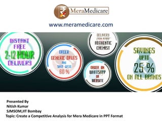 www.meramedicare.com
Presented By
Nitish Kumar
SJMSOM,IIT Bombay
Topic: Create a Competitive Analysis for Mera Medicare in PPT Format
 