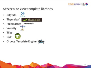 Server 
side 
view 
template 
libraries 
• JSP/JSTL 
• Thymeleaf 
• Freemarker 
• Velocity 
• Tiles 
• GSP 
• Groovy 
Template 
Engine 
20 
 