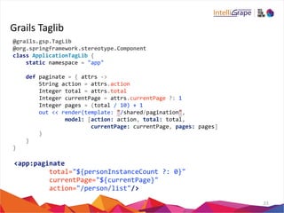 Grails 
Taglib 
23 
@grails.gsp.TagLib 
@org.springframework.stereotype.Component 
class 
ApplicationTagLib 
{ 
static 
namespace 
= 
"app" 
def 
paginate 
= 
{ 
attrs 
-­‐> 
String 
action 
= 
attrs.action 
Integer 
total 
= 
attrs.total 
Integer 
currentPage 
= 
attrs.currentPage 
?: 
1 
Integer 
pages 
= 
(total 
/ 
10) 
+ 
1 
out 
<< 
render(template: 
"/shared/pagination", 
model: 
[action: 
action, 
total: 
total, 
currentPage: 
currentPage, 
pages: 
pages] 
) 
} 
} 
<app:paginate 
total="${personInstanceCount 
?: 
0}" 
currentPage="${currentPage}" 
action="/person/list"/> 
 